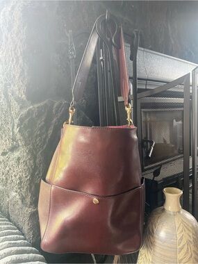 Genuine Leather Burgundy Convertible Hobo Bucket Bag